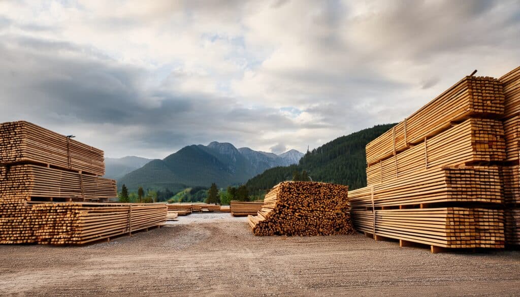 Dépôt de Bois Massif : Planches & Bûches en Montagne Grand dépôt de bois brut avec piles de planches sciées et de bûches, sur sol de gravier, face à des montagnes boisées sous ciel nuageux.