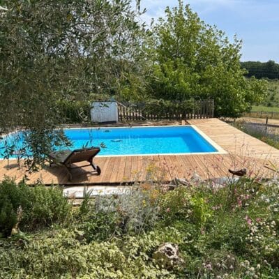 Piscine rectangulaire bleue avec terrasse en bois, transat et jardin fleuri sauvage sous le soleil.
