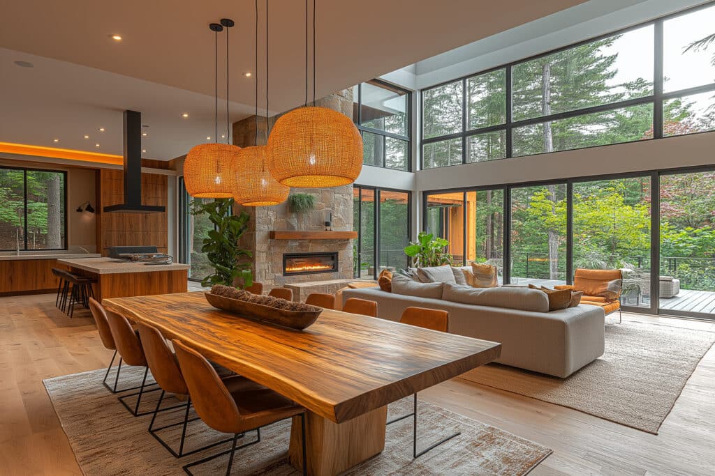 Design moderne: Salon et Salle à Manger Lumineux avec Vue Forêt Grand salon-salle à manger moderne. Table en bois massif, canapé, cheminée en pierre. Baies vitrées offrent une vue sur une forêt verdoyante.