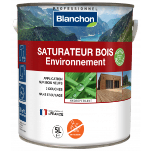 Saturateur Bois Environnement Blanchon 5L, hydroperlant et anti-glissant pour bois neufs, fabriqué en France.