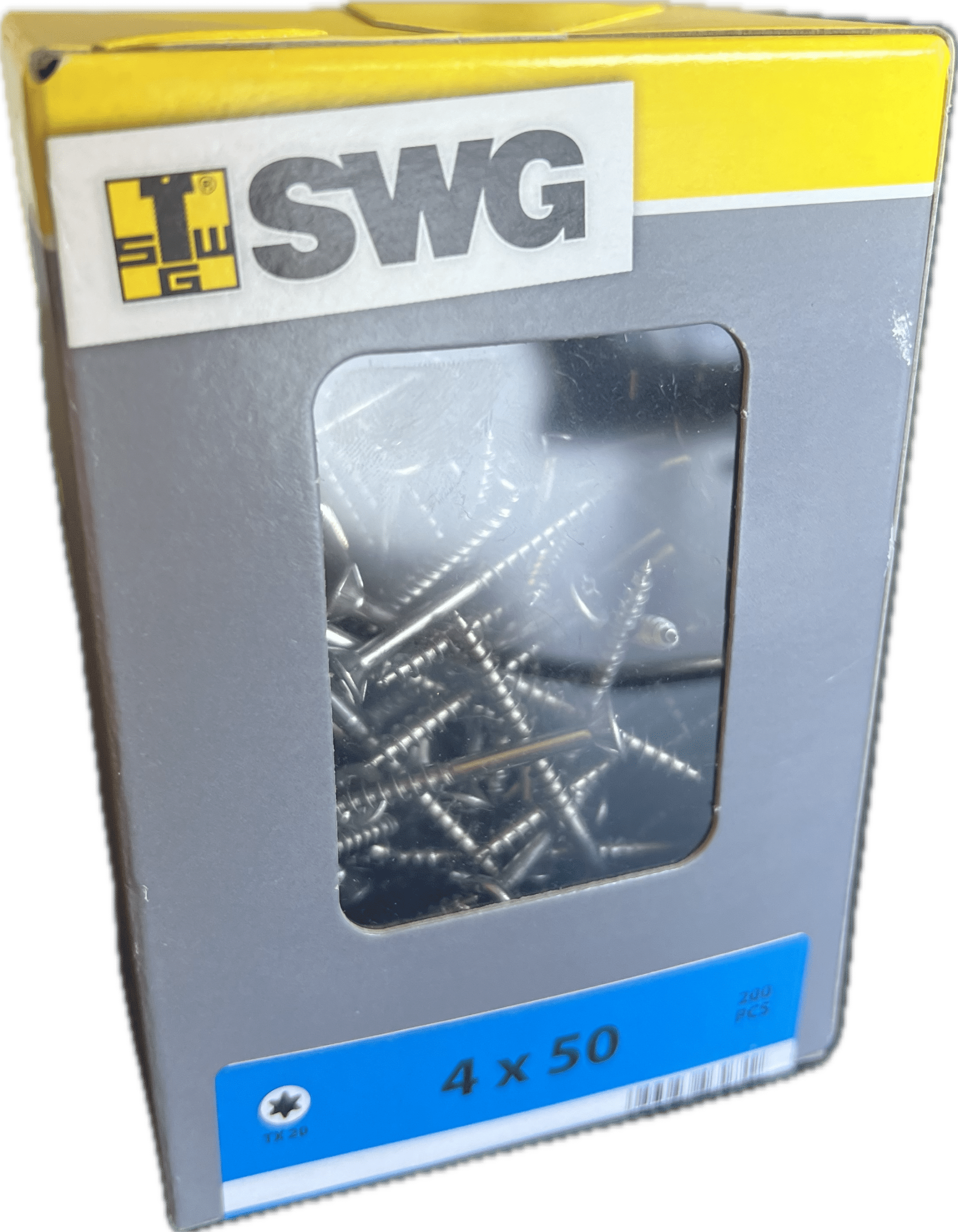 Boîte de vis à bois SWG 4x50 TX 20, 200 pièces, emballage gris avec fenêtre montrant les vis en métal.