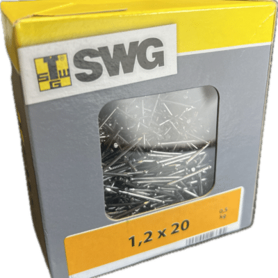 Boîte de clous SWG 1,2 x 20 mm, 0,5 kg. Pointes en acier gris visibles par la fenêtre de l'emballage de bricolage.