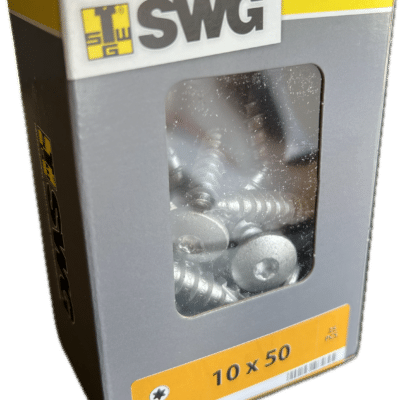 Boîte de 25 vis SWG 10x50 mm, empreinte TX 40, tête large pour bois et construction.