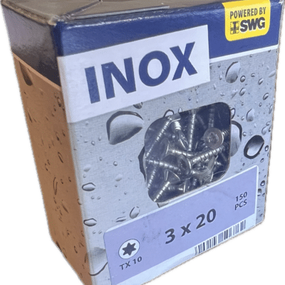 Boîte de 150 vis INOX 3x20 TX10 SWG en acier inoxydable, empreinte Torx, motif gouttes d'eau.