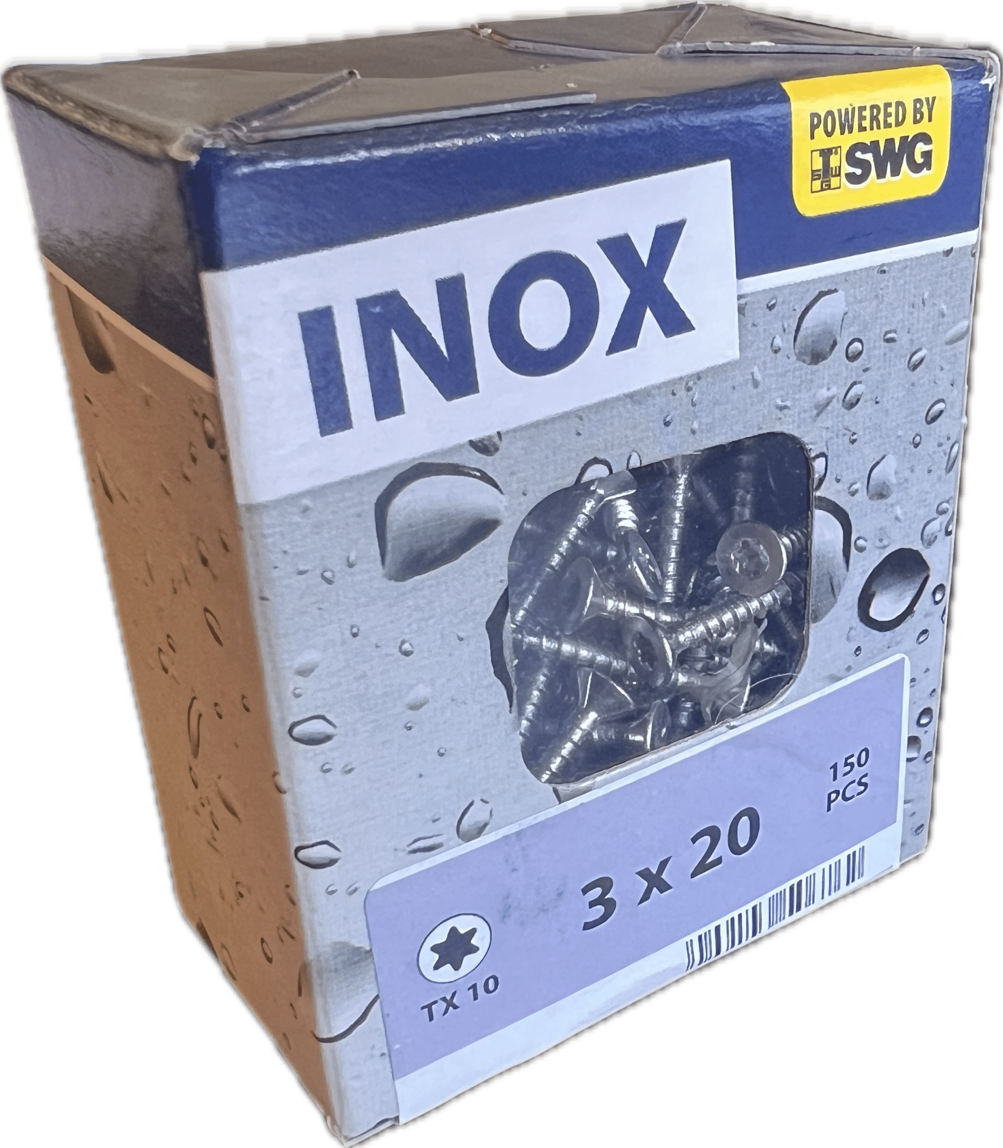 Boîte de 150 vis INOX 3x20 TX10 SWG en acier inoxydable, empreinte Torx, motif gouttes d'eau.